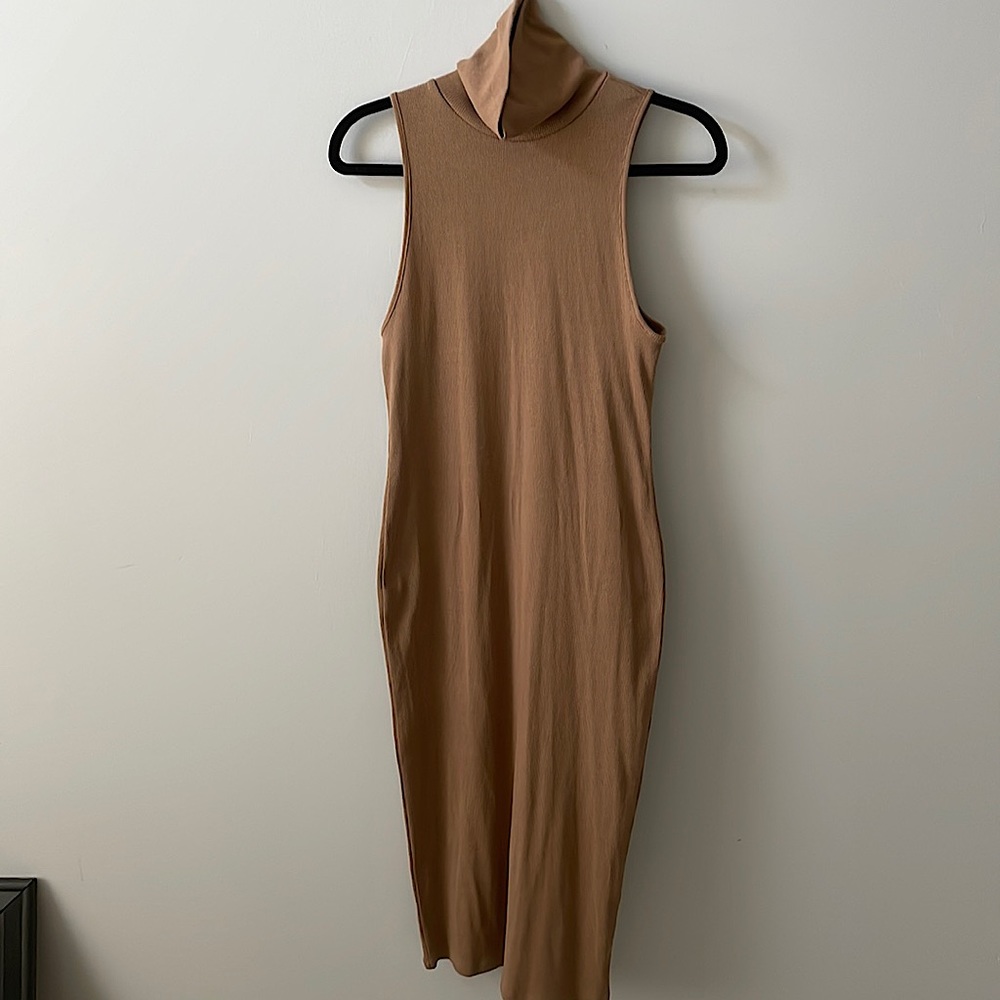 Never been worn. Zara sleeveless turtleneck dress in tan. Size large.